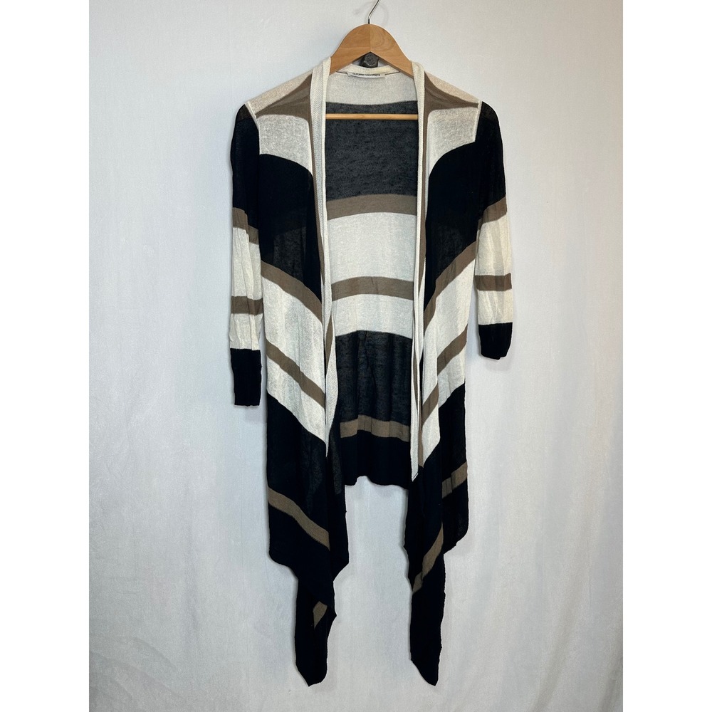 Autumn Cashmere Striped‎ Open Front Cardigan Black White Tan Draped Hem Womens